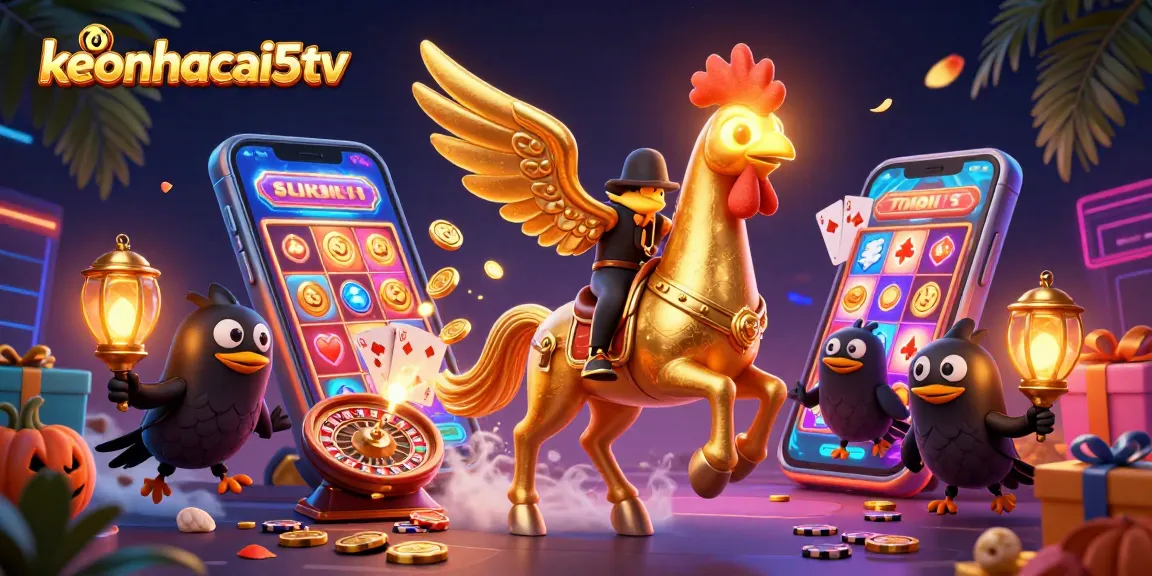 Engage in exciting gaming with keonhacai5tv featuring a golden rooster and vibrant casino elements.