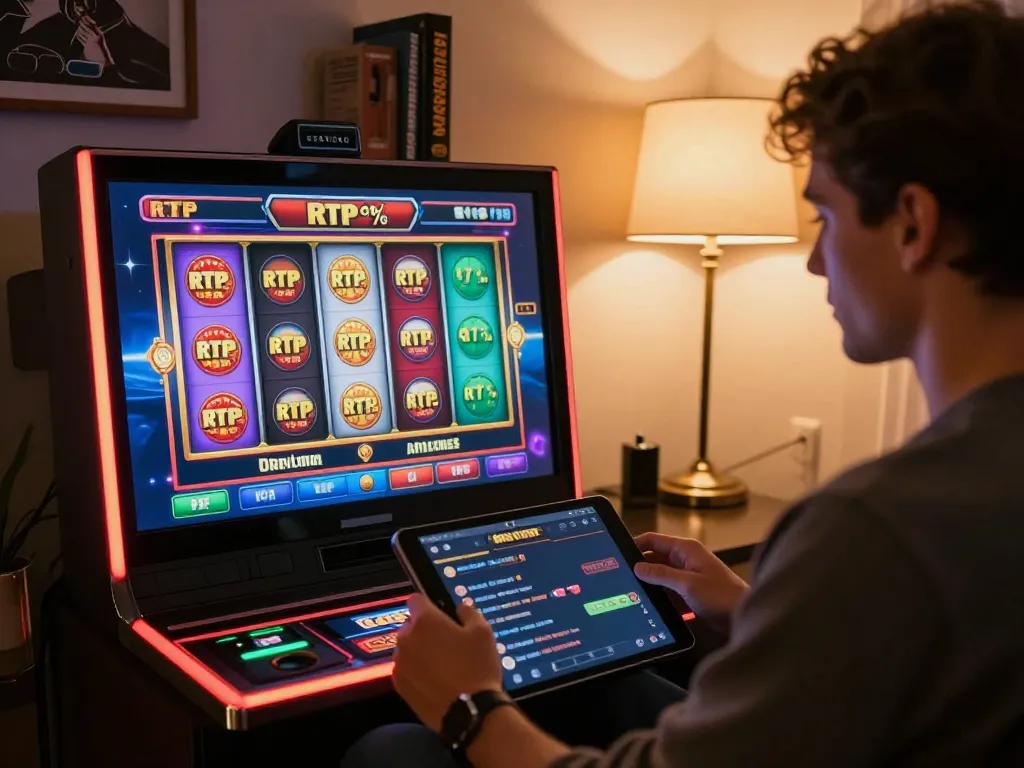 Engaging online player spinning jproyal slot machine with colorful interface and cozy setup.