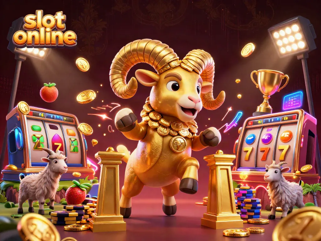 Slot online menampilkan ram emas besar dengan simbol buah dan jackpot dalam suasana kasino yang meriah.
