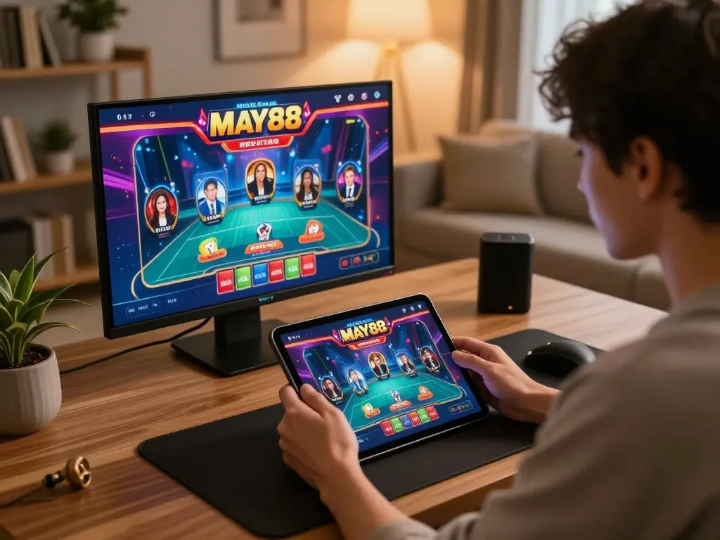 Engaging with Nhà cái MAY88 online casino app on tablet, showcasing live dealer games
