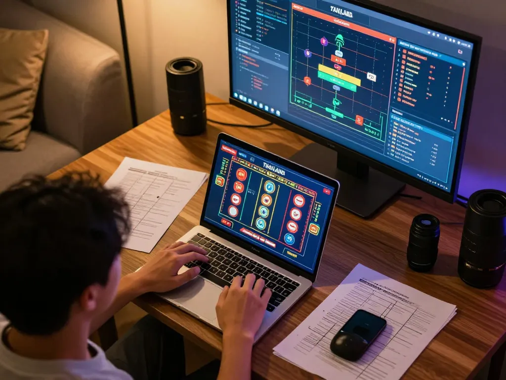 Playing a thailand slot game online with strategy notes and warm lighting