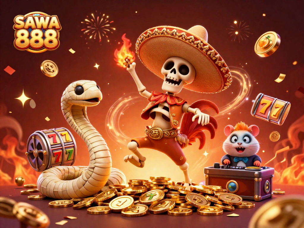 Experience thrilling slots at SAWA 888, featuring vibrant characters celebrating with golden coins and jackpot symbols.