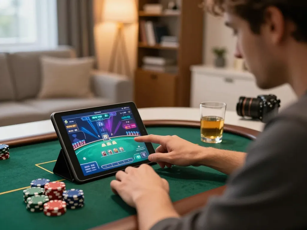 Terlibat dalam poker online yang mendebarkan dengan pengaturan pemain yang menarik menampilkan chip dan antarmuka permainan yang hidup