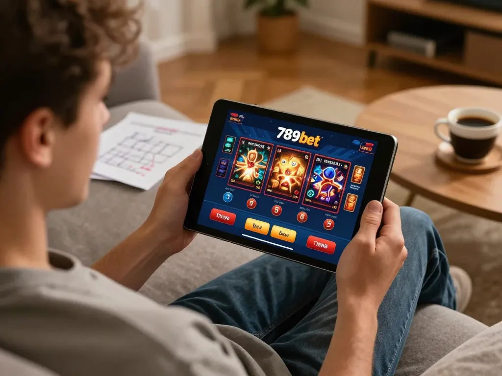 Player engaging in online gambling at home with 789bet interface displayed on tablet, showcasing responsible entertainment.