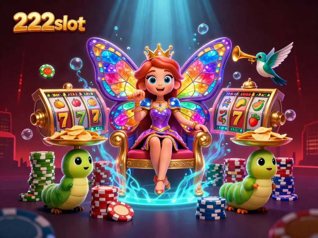 Slot menarik dengan 222slot menampilkan ratu kupu-kupu kartun dan elemen kasino yang kaya