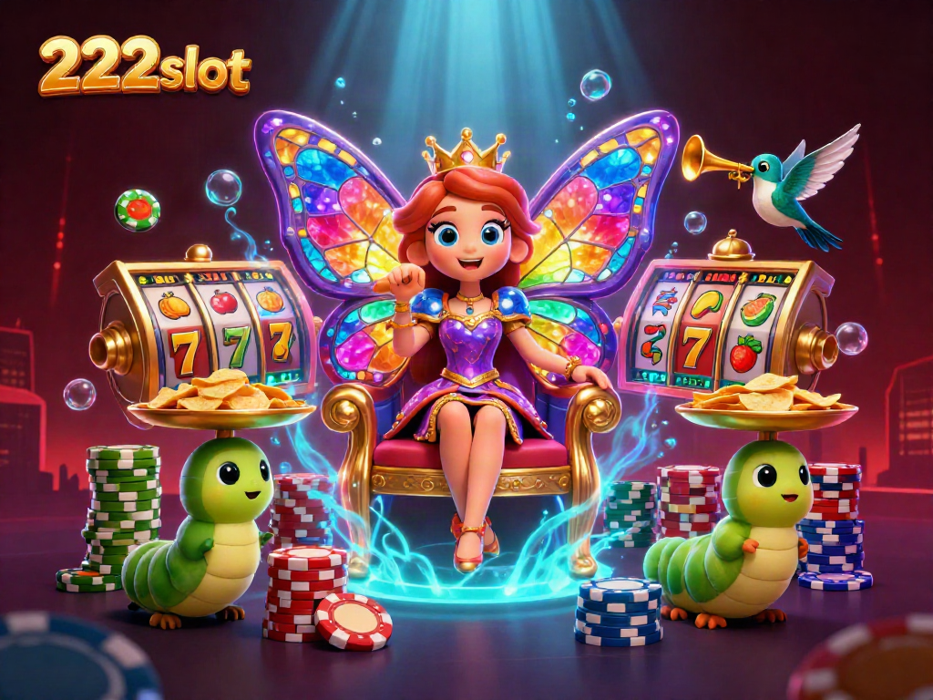 Slot menarik dengan 222slot menampilkan ratu kupu-kupu kartun dan elemen kasino yang kaya