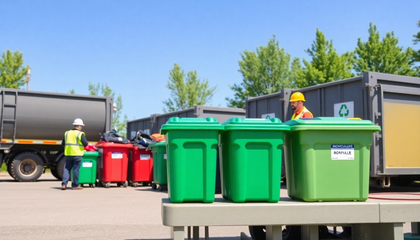 Workers manage the bonnyville dump with recycling bins and containers in a clean, sunny environment.