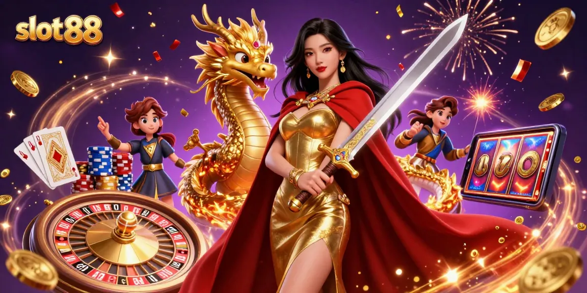 Engage with slot 88 through an action-packed casino scene featuring a warrior queen amidst gambling elements.