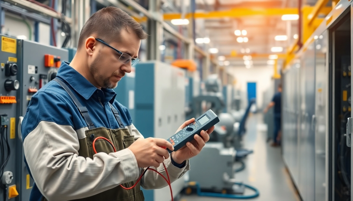 Electrician conducting electrical maintenance checks on industrial equipment.