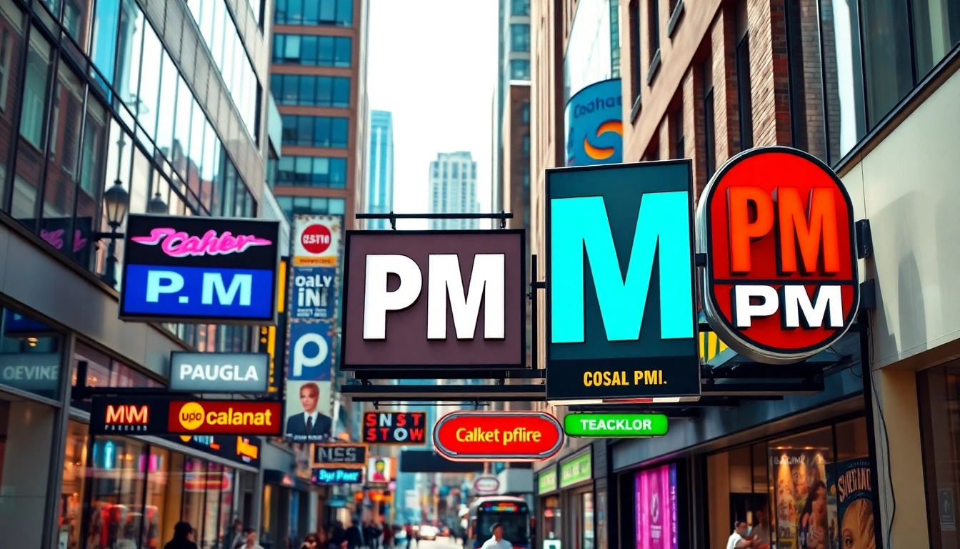 Engage with diverse pm signs displayed in an urban setting, showcasing vibrant colors and designs.