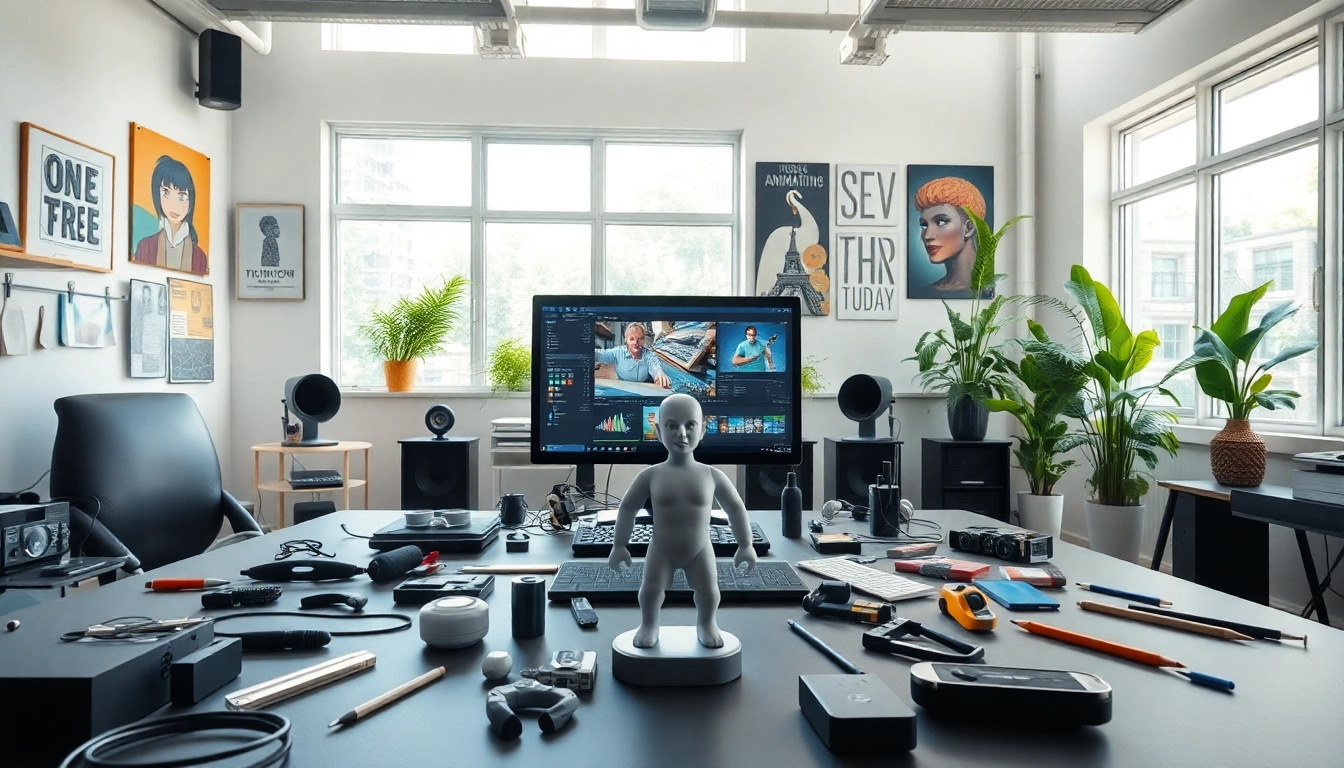 Beeindruckende 3D Animation zeigt ein kreatives Studio mit moderner Technik und Charaktermodellen.