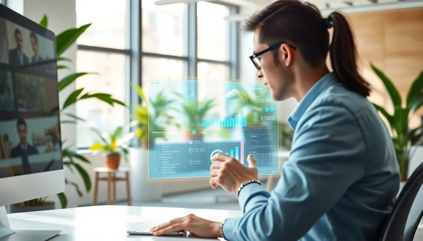Engaging user interacts with an enterprise assistant SaaS interface in a modern office, highlighting technology.