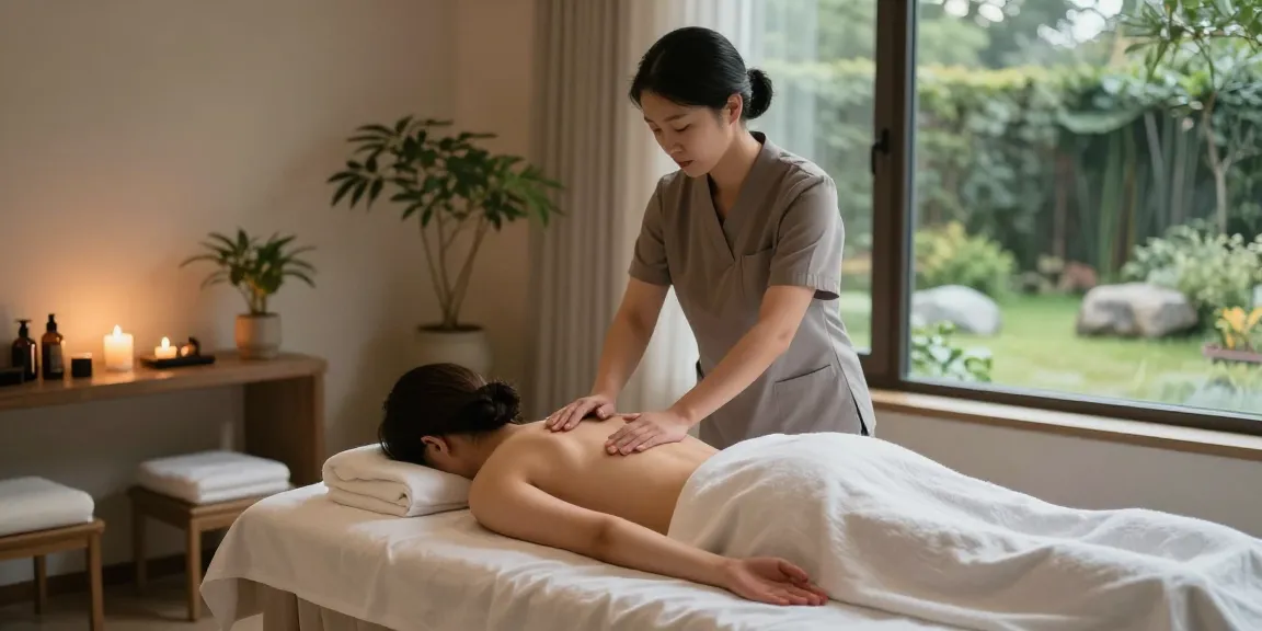 Relaxing 여의도출장마사지 experience in a serene spa environment with candles and essential oils.