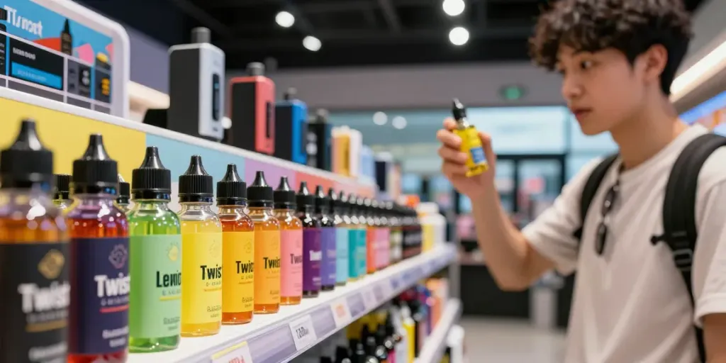 Display of twist eliquid 120ml bottles in a vibrant vape shop