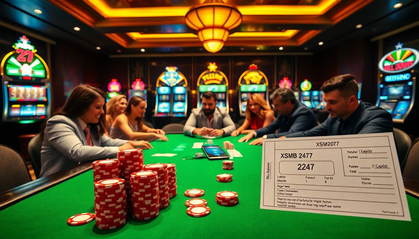 Players celebrating a win at XSMB 247 casino game, surrounded by vibrant slot machines.