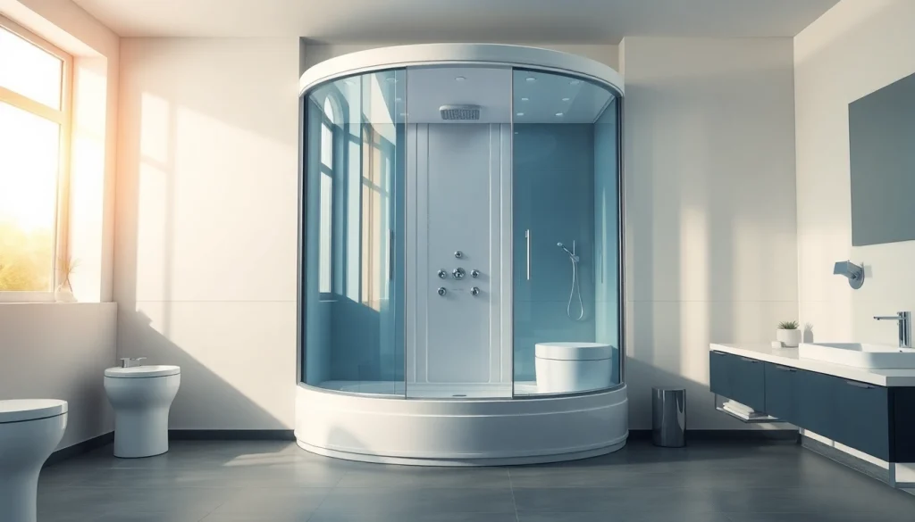 Magnetic ambiance of the sirhona France bathroom featuring sleek fixtures and a LED shower cabin.