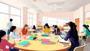 Engaging classroom scene showcasing Education with students collaborating and interactive learning tools.