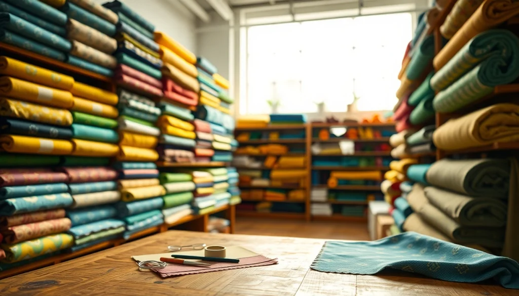 Katoen rolls displayed in a vibrant fabric store, showcasing texture and color details.