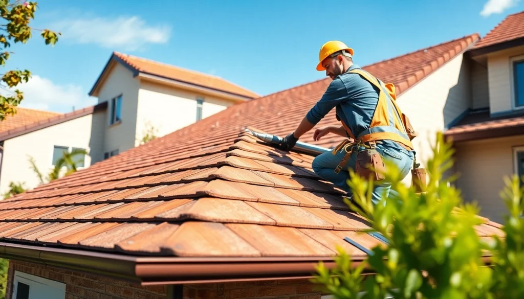 Offering Professional roofing services with a skilled roofer installing shingles on a sunny day.