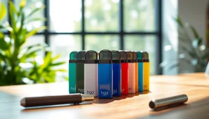 Verschiedene hqd pods auf einem minimalistischen Holzuntergrund präsentieren frische Farben.