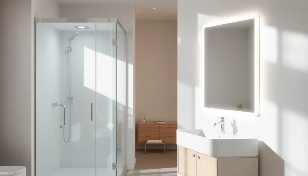 Découvrez les cabines de douche sirhona fr avec miroir LED intégrés dans une salle de bain moderne.