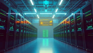 Highlighting the best cloud mining technology in a modern data center with dynamic displays and Bitcoin symbols.