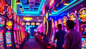 Slot deposit pulsa gaming experience with vibrant machines attracting enthusiastic players.