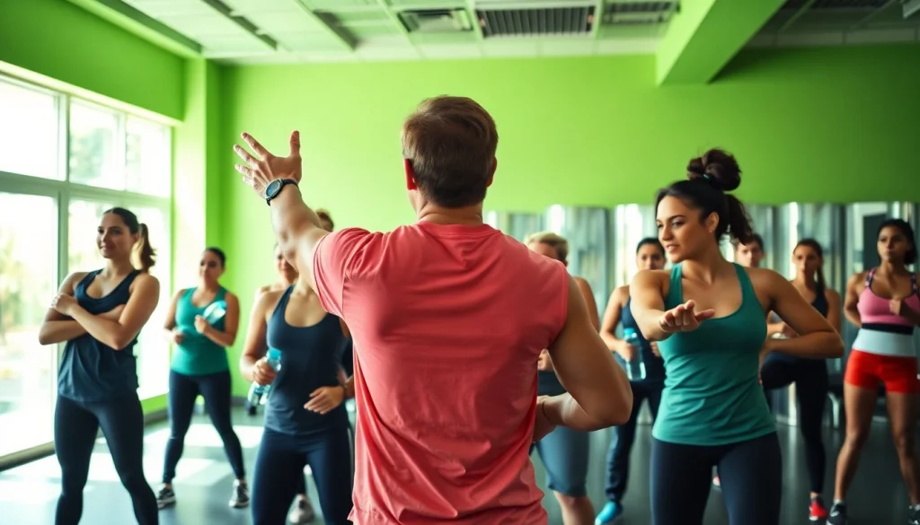 Overcoming a weight loss plateau with a fitness coach guiding a diverse group in an energetic gym.