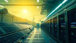 Dogecoin cloud mining earnings showcased in a modern, sustainable mining facility.