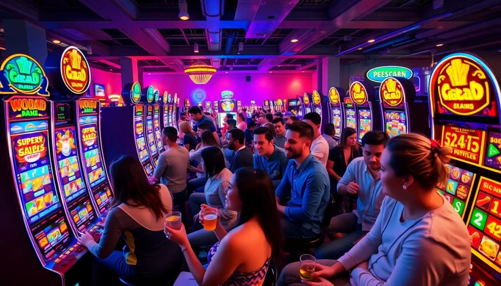 Kode4d slot gaming scene with players enjoying vibrant machines and a lively atmosphere.