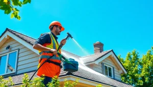 Roof cleaning service technician using soft wash on a residential roof