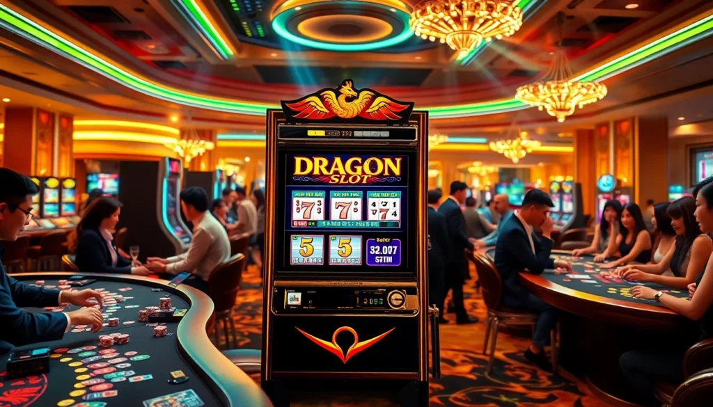 Experience the thrill of winning at the DRAGON222 slot with a vibrant casino backdrop filled with excitement and luxury.