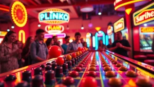 Menampilkan gameplay demo plinko yang menarik di latar belakang arcade yang cerah.