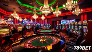 Players enjoying thrilling games at 789BET’s luxurious casino, featuring slot machines and roulette tables.