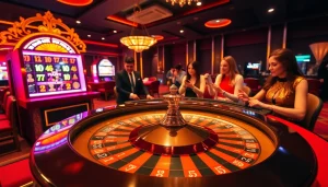 Experience the excitement of Hi88 with a vibrant casino scene featuring roulette and slot machines.