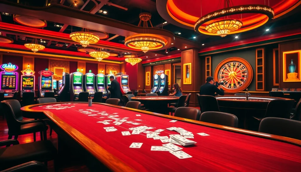Experience the thrill of Hi88 with players in an upscale casino showcasing poker and roulette.