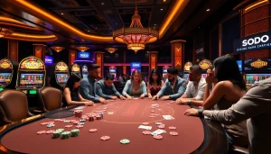 SODO casino scene with lively players at a poker table, vibrant slot machines, and roulette wheel enhancing the gambling experience.