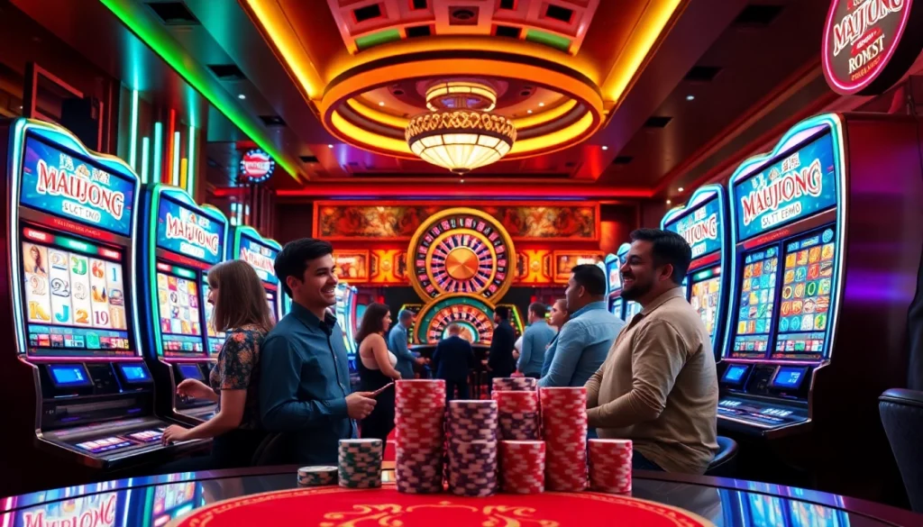 Experience the excitement of a Mahjong slot demo with vibrant lights and engaged players in a lively casino setting.