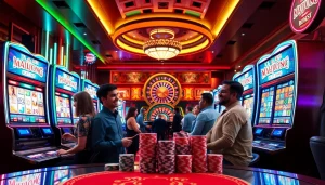 Experience the excitement of a Mahjong slot demo with vibrant lights and engaged players in a lively casino setting.