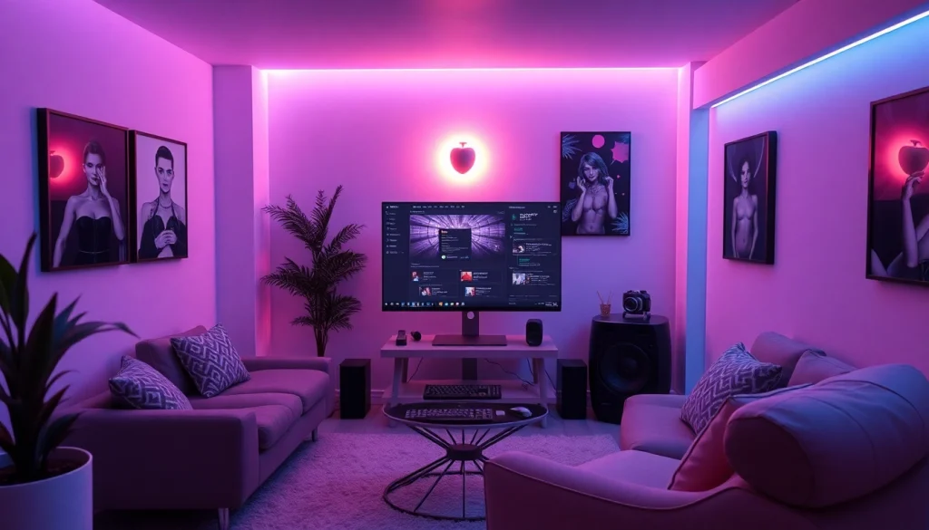 Engaging scene of NSFW AI chat technology setup with modern decor and ambient lighting.