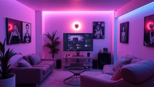 Engaging scene of NSFW AI chat technology setup with modern decor and ambient lighting.