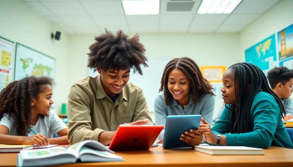 Dynamic education scene with diverse students collaborating in a modern classroom.