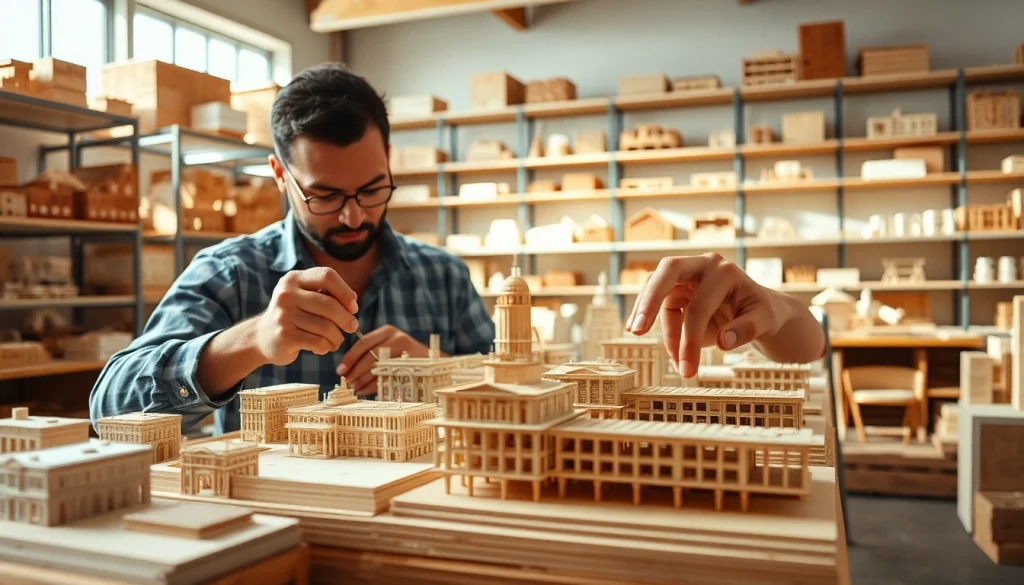 Architekturmodellbau Chemnitz: Detailreiche architektonische Modelle werden in einer hellen Werkstatt präsentiert.