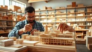 Architekturmodellbau Chemnitz: Detailreiche architektonische Modelle werden in einer hellen Werkstatt präsentiert.