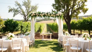 A stunning Clarksburg Wedding Venues scene featuring an outdoor vineyard with floral decorations.