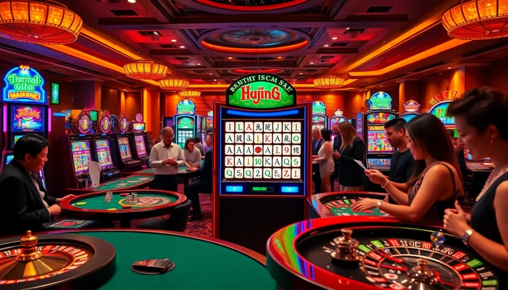 Experience the excitement of a mahjong slot demo with vibrant casino elements and eager players.