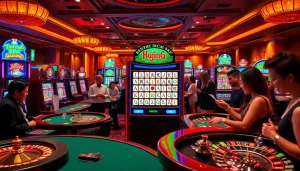 Experience the excitement of a mahjong slot demo with vibrant casino elements and eager players.