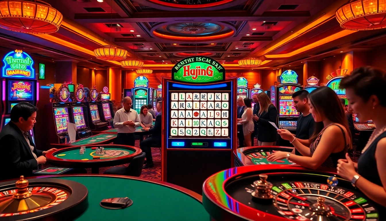 Experience the excitement of a mahjong slot demo with vibrant casino elements and eager players.
