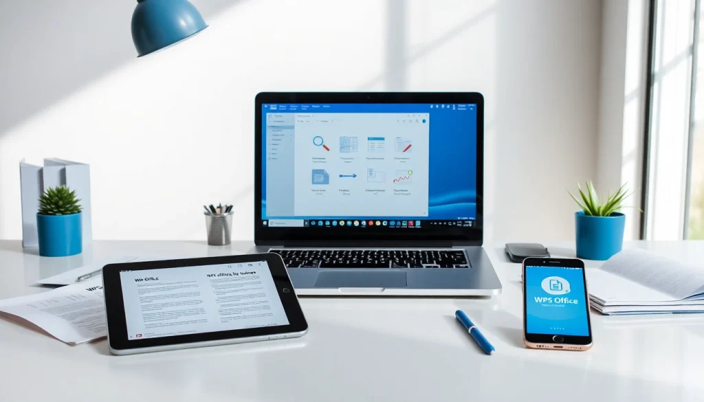 现代化办公空间中展示的WPS Office软件，配有笔记本电脑和移动设备。