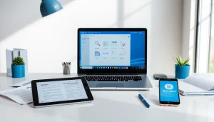 现代化办公空间中展示的WPS Office软件，配有笔记本电脑和移动设备。